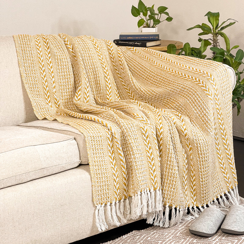 Hand Woven Throw Blanket, Yellow/White