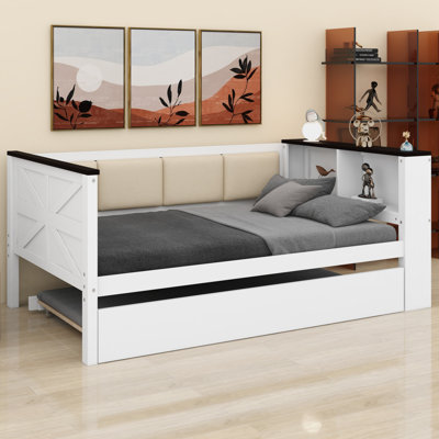 Modern Wood Daybed With Storage Shelves, Upholstered Backrest, USB And Trundle