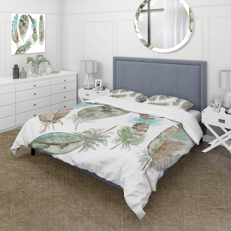 Ensemble de housse de couette Green Feathers - Bohème et éclectique - Polyester microfibre