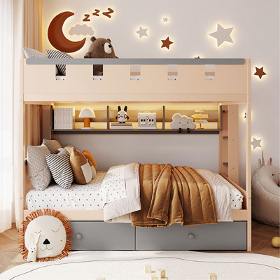 Full Size Castle Style Bunk Bed with 2 Drawers,Shelf,and LED