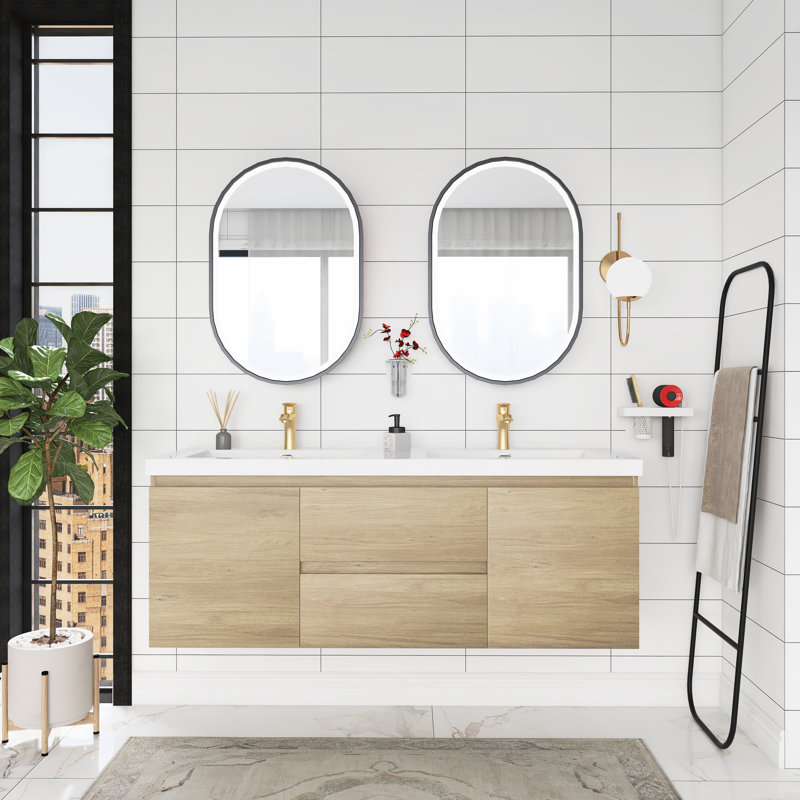 Meuble-lavabo mural double 60 po avec plateau en résine Lodena, Chêne naturel