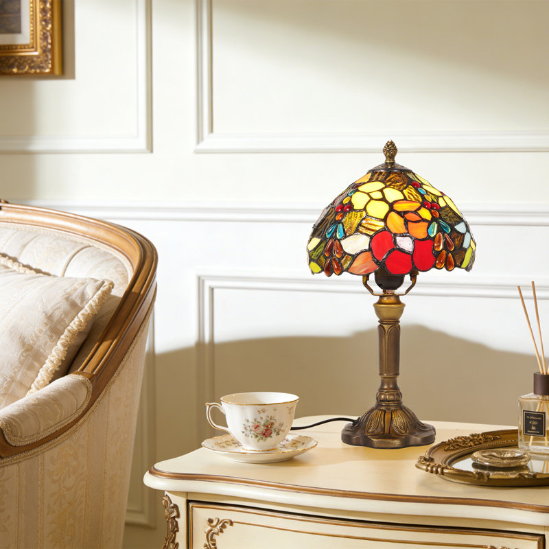 Tiffany-Style Stained Glass Table Lamp, Antique Floral Design Bedside Lamp With Yellow And Red Leaf Patterns With Warm Bulb