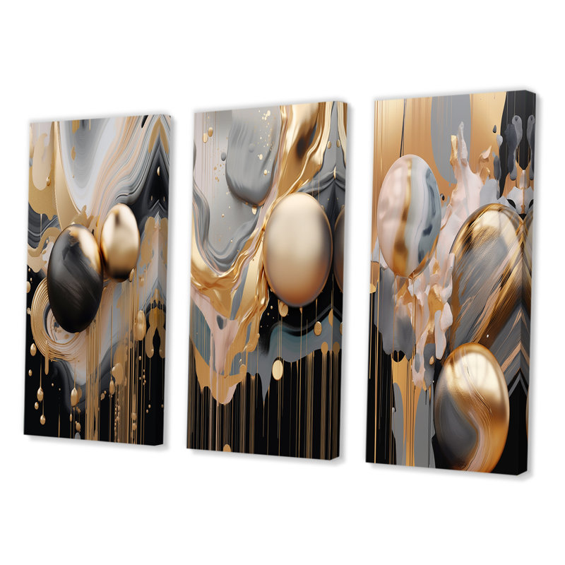 «Gold and Black Mystic Mûlange», 3 pièces sur toile, Toile tendue, H 40 po x l 60 po