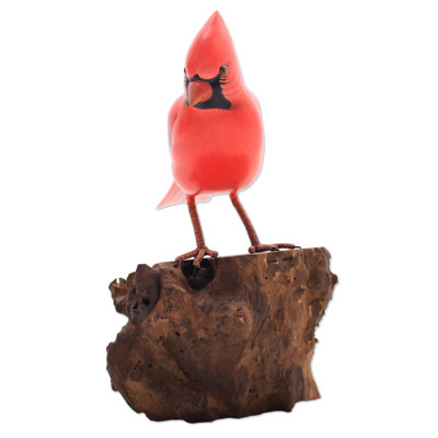 Perched Virginia Cardinal Wood Sculpture
