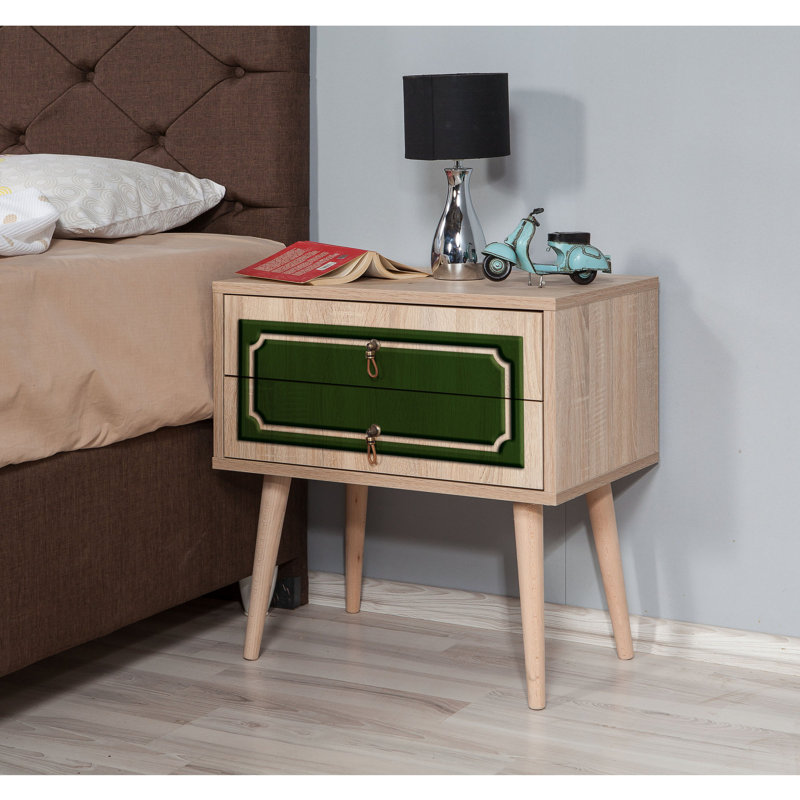 Table de chevet 2 tiroirs Kira, Noyer / vert