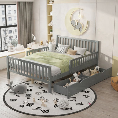 Lit plateforme classique en bois avec garde-corps et tiroirs de rangement sous le lit, cadre de lit à lattes robuste pour la chambre à coucher