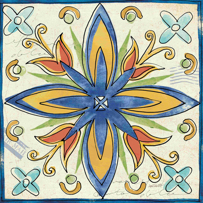 «Tuscan Sun Tiles I Talavera» par Anne Tavoletti, peinture sur toile tendue, H 12 po x l 12 po, Beige / jaune / bleu