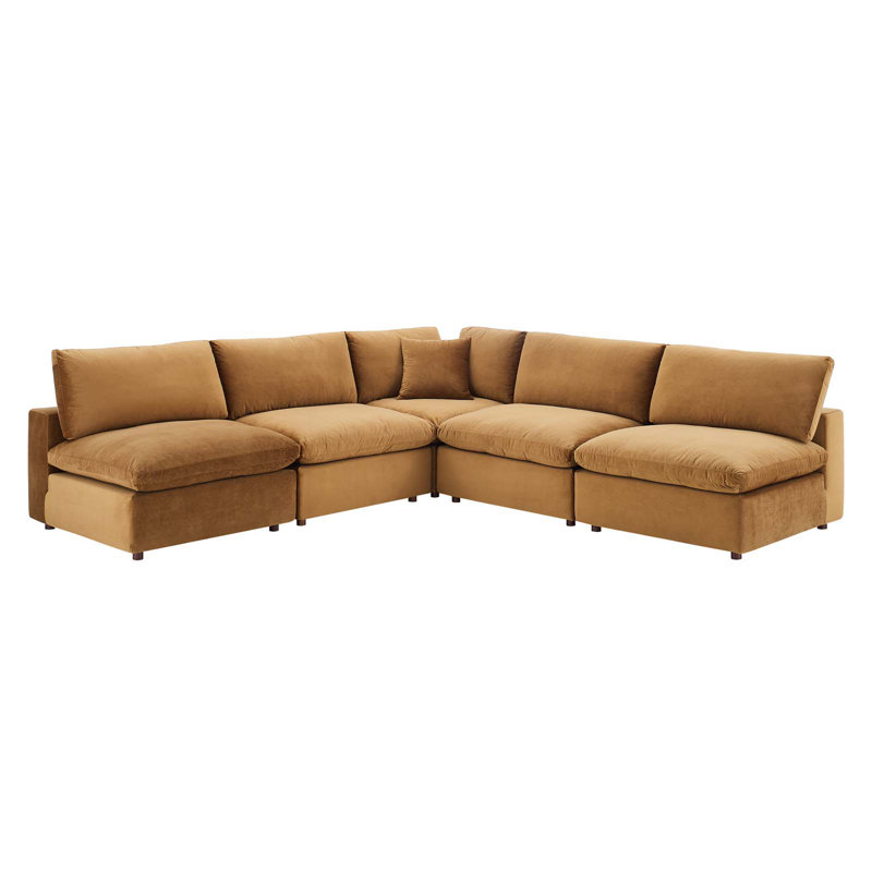 Commix Down Filled Overstuffed Velvet 5-Piece Sectional Sofa, Cognac