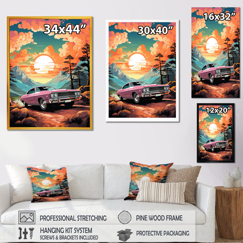 «Pink Classic Muscle Car At Sunset», Cadre doré simple, H 40 po x l 30 po x P 1,5 po
