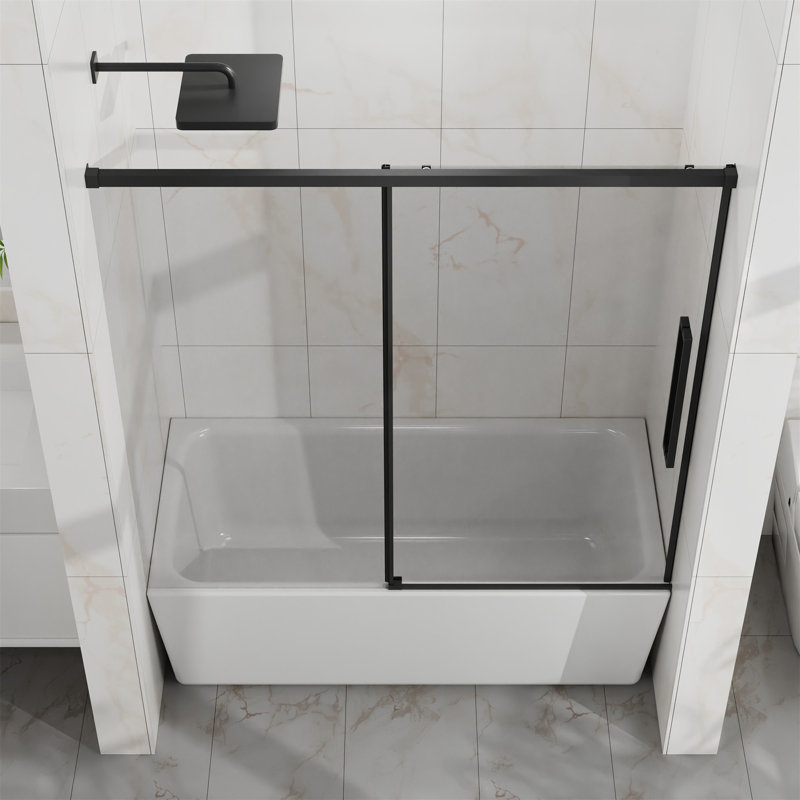 60" W X 58" H Tub Sliding Shower Door, Semi-Frameless Glass Door For Bathtub, 1/4" (6Mm) Thick Tempered Clear Glass With Easy-Clean Coating, Stainless Steel Hardware, Matte Black