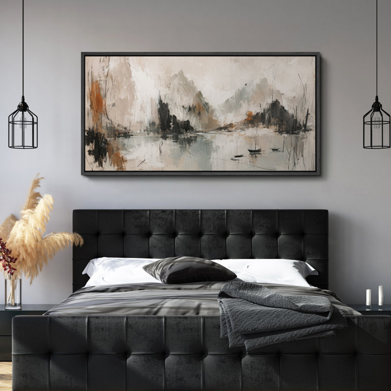 «Misty Mountain River Valley Foggy Nature Landscape», impression sur toile encadrée, 30" H x 60" W x 1.5" D, Black