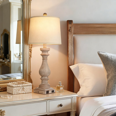 Lampe de table Farmhouse avec ports USB + C + A et prise de courant, lampe de table de chevet à contrôle tactile à 3 voies pour le salon et la chambre à coucher, finition gris délavé