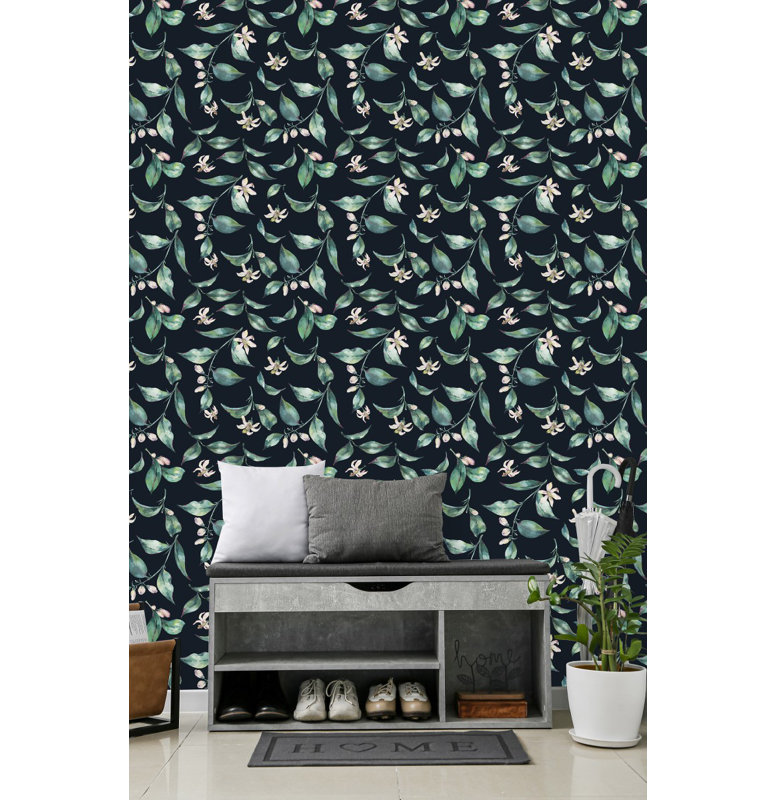 Panneau de papier peint noir L 10,4 pi x l 25 po Green Leaves