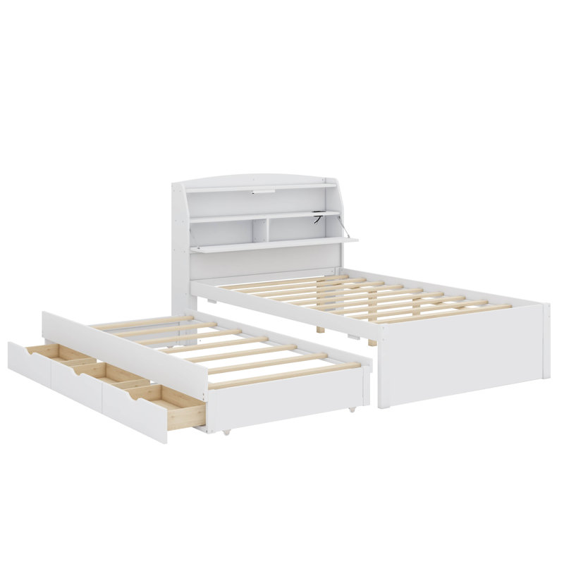 Lit plateforme en bois agrémenté d'un éclairage à DEL, d'un lit gigogne, d'une tête de lit et de tiroirs, Full, White