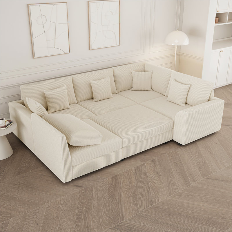 Canapé-lit modulaire en velours côtelé de 6 pièces avec repose-pieds et rangement, White, 36" H X 146" W X 78" D