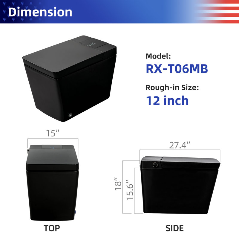 Toilette allongée à fixation au sol 0,8 gallons GPF Rainlex (siège inclus), Noir mat