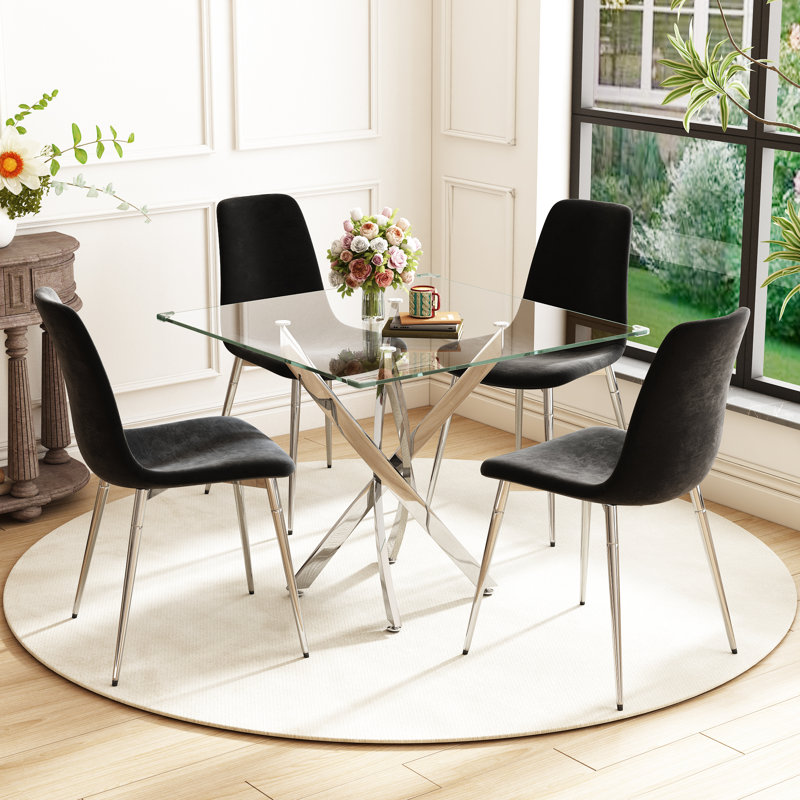 5 - Piece Pedestal Dining Set, Silver, Silver/Black