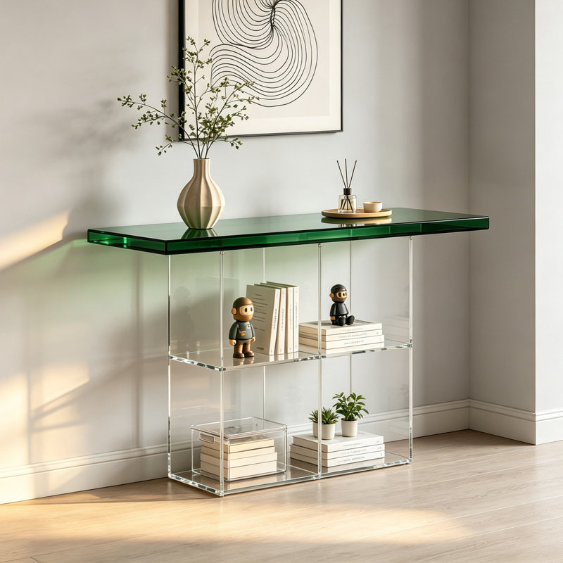 Console moderne à tablette ouverte en acrylique, H 29,53 po x l 55,12 po x P 11,81 po