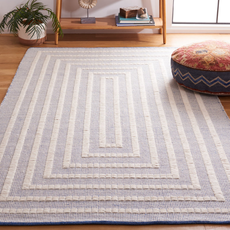 Natura Flat Weave Wool/Cotton Striped Rug in Ivory/Blue, Rectangle 5' x 8'