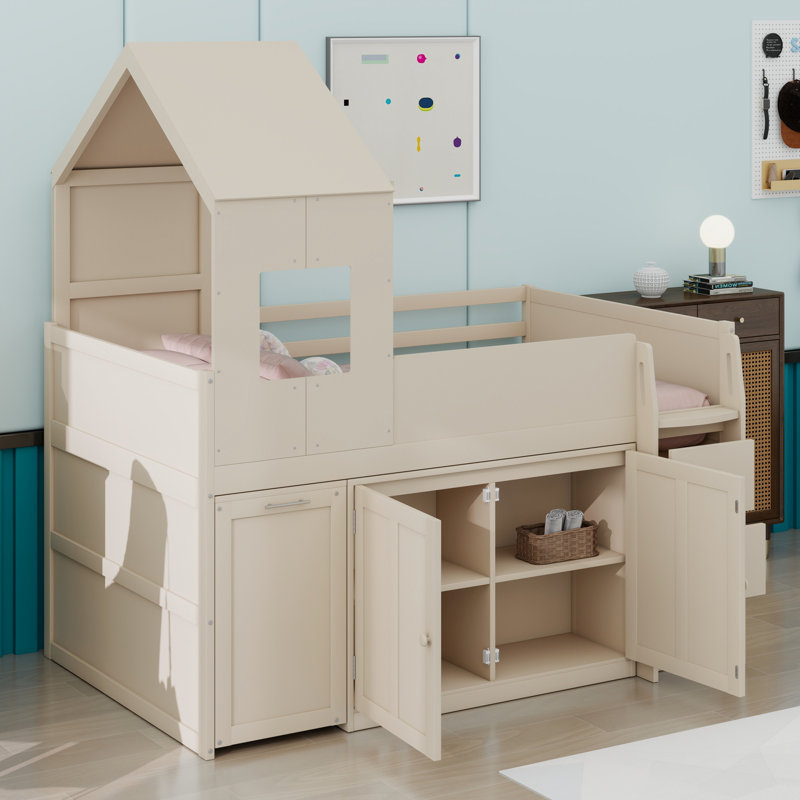 Structure de lit mezzanine moderne avec bureau, tiroir et armoires de rangement, Beige