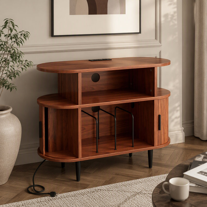 Grand support de tourne-disque rond avec station de charge et ports USB, armoire de rangement de disques, support de table tournante moderne Mid-Century pour le salon de la chambre à coucher