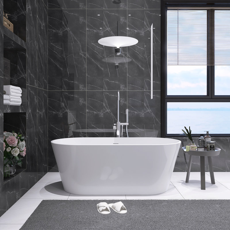 Baignoire de trempage autoportante en acrylique brillant blanc 59,8 "x 28,7" avec bonde