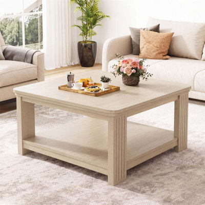 Table basse carrée avec rangement à 2 niveaux, finition en bois naturel pour les salons modernes et minimalistes