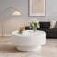 Table basse ronde avec plateau en verre trempé et base cylindrique revêtue de cuir, blanc doux, rangement caché, 31,5 po