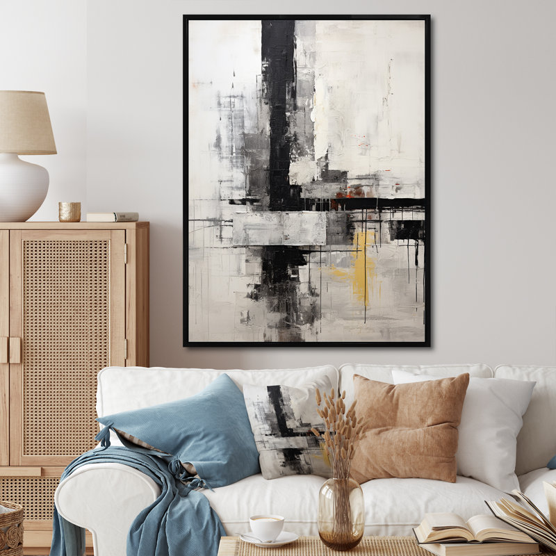 Abstrait beige et noir sur route - collage abstrait, impressions sur toile, Cadre flottant noir, H 32 po x l 24 po x P 1 po