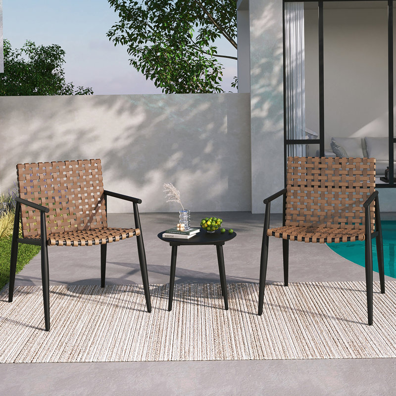 Modern Outdoor Chat Set: 2 PE Rattan Chairs + Black Steel & Tempered Glass Side Table – Durable & Stylish