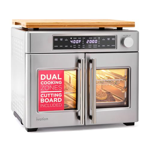 Dual Zone Air Fryer French Door Oven - 32 Qt Convection Toaster Combo - 10-in-1 Multifunction Up to 450° - 1800W - Temperature Control, Timer - Stainless Steel – Dehydrate, Broil, Bake, Roast, Ferment