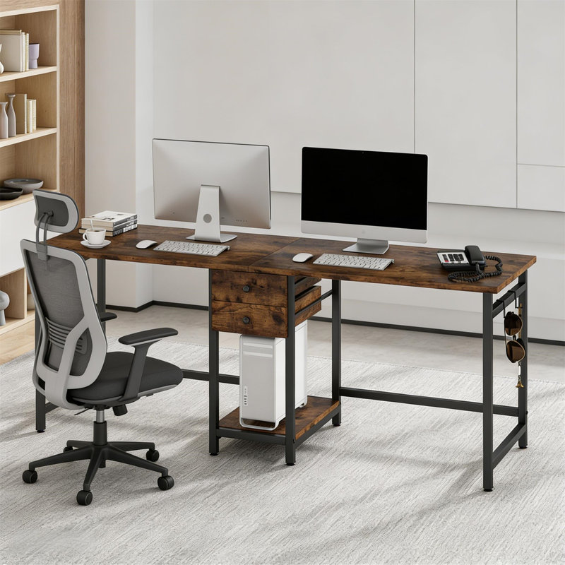 Bureau double avec fonction de table de jeu - 2 espaces de travail pour ordinateur, rangement industriel et éclairage à DEL