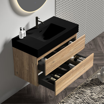 Wall Mounted Bathroom Vanity 36' With Oak Engineered Quartz Sink, Soft Black Double Drawers, Mid - Century Style Design, Grille Panel, Walnut Color Combination, E1 Panels, E0 Water Based Lacquer,
