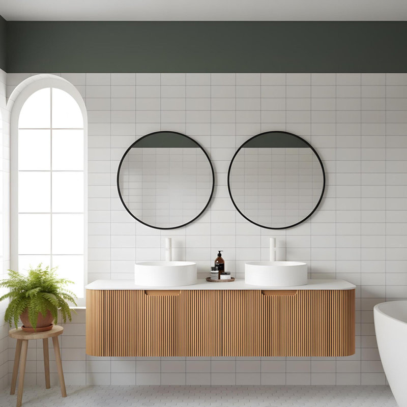 Salle de bain murale 60 "avec 2 lavabos ronds en céramique et 2 tiroirs
