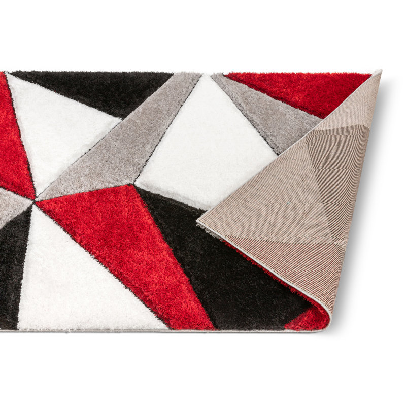 Tapis à poils longs à texture moderne et géométrique | Rouge, Rectangle 5 pi 3 po x 7 pi 3 po