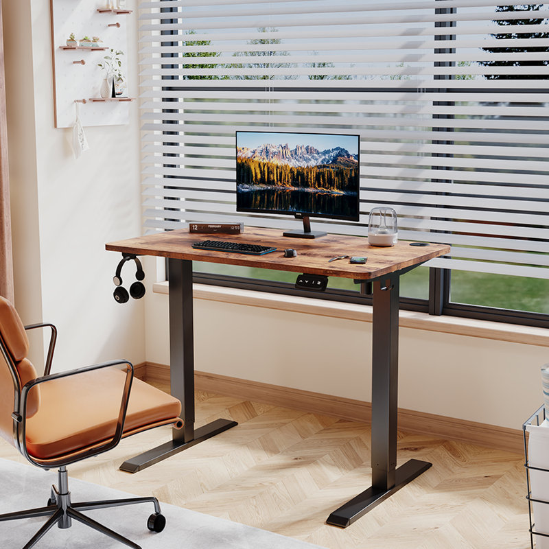 Hieronymus Electric Adjustable T-Shape Standing Desk Home Desk With Backpack Hook And Memory Smart Pannel, Brown