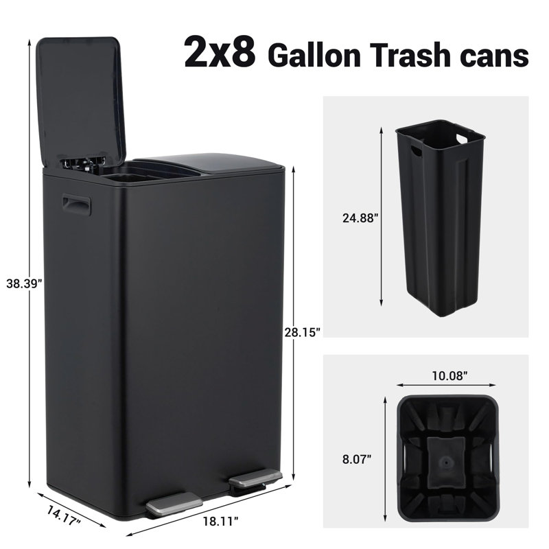 Poubelle de cuisine noire à deux compartiments en acier inoxydable de 60 L pour le tri des déchets - Contenant à ordures moderne pour la maison, le bureau, l'appartement, le restaurant et le hall d'entrée