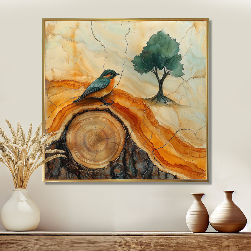 «Pink Crystals Color World Map Slide» - art mural oiseau pic, Impression encadrée flottante, H 36 po x l 36 po, Doré