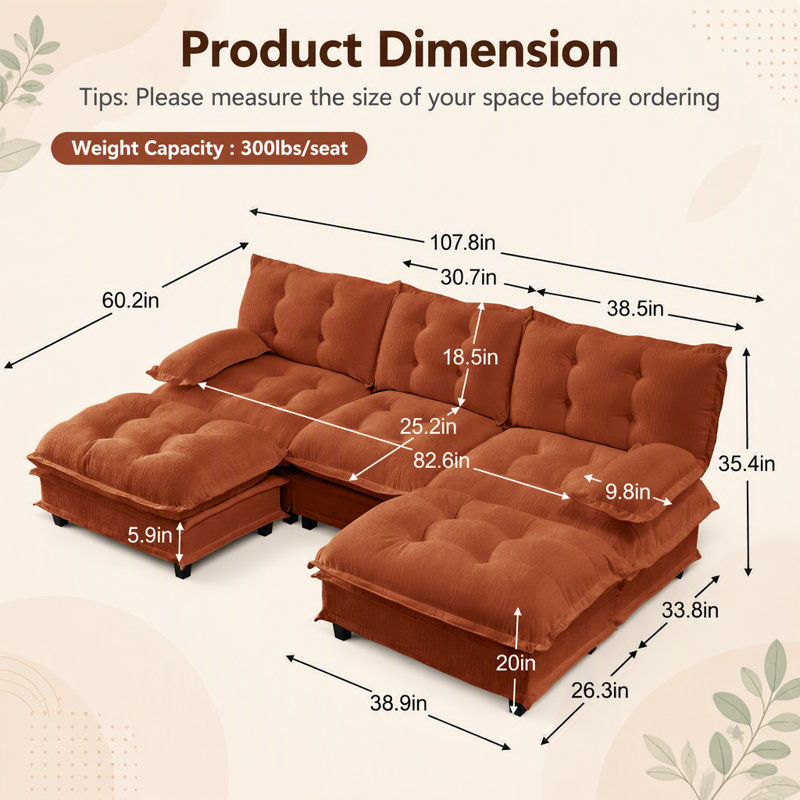 Canapé d'angle modulaire moderne en forme de U de 272 cm (107 pouces) avec 2 poufs, coussins d'assise profonds en chenille pour un confort optimal, couleur café clair