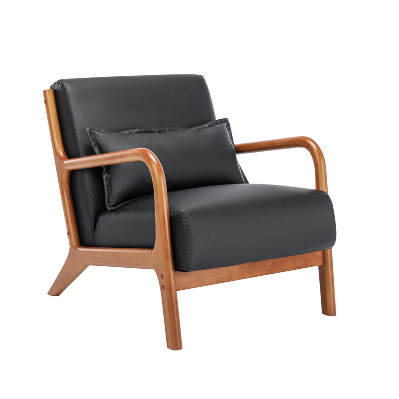 Chaise d'appoint Arsh avec coussin, revêtement en polyuréthane et pieds en bois d'hévéa, Polyuréthane noir