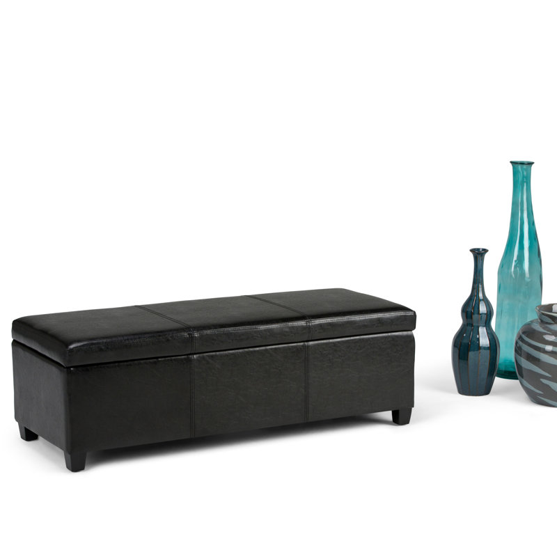 Avalon 48"W Upholstered Storage Ottoman Bench with Large Interior Storage, Midnight Black Faux Leather
