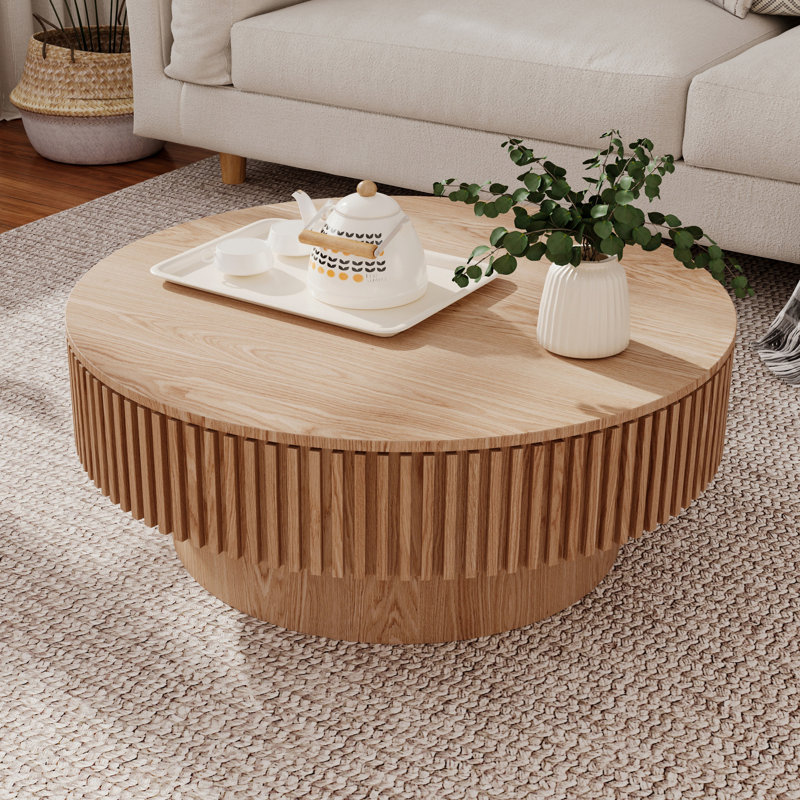 Table basse ronde en bois massif avec rangement de 31,5 po, H 14 po x L 31,5 po x l 31,5 po, Bois naturel