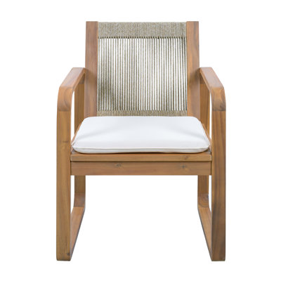 Ensemble de chaises de salle à manger d'extérieur 2 pièces: bois d'acacia avec dossier en corde brun et coussin beige, tissu hydrofuge, capacité de 400 lb, finition teck clair