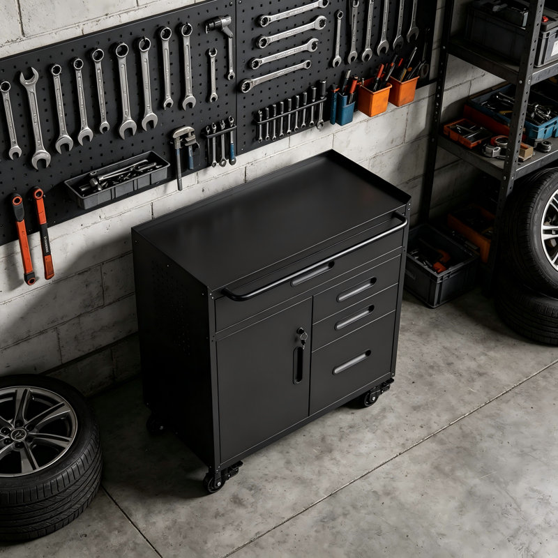 Armoire de rangement pour outils 34,3 po avec 4 tiroirs et un compartiment verrouillable pour les garages et les ateliers.