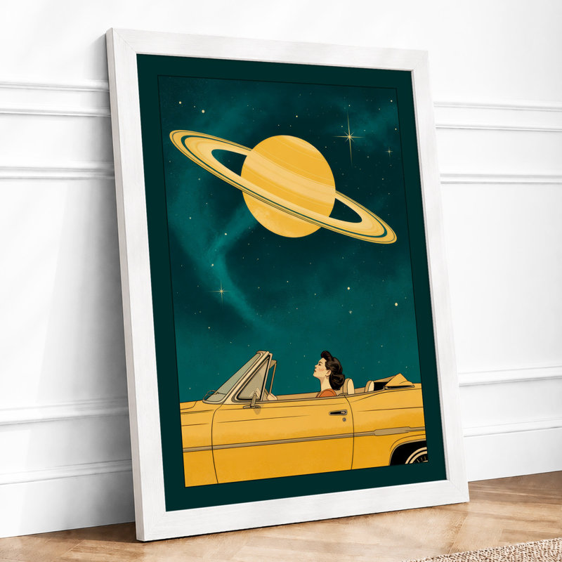 Saturn and the Yellow Convertible Retro - Framed Print, A1 - 84.1 x 59.4 cm, White