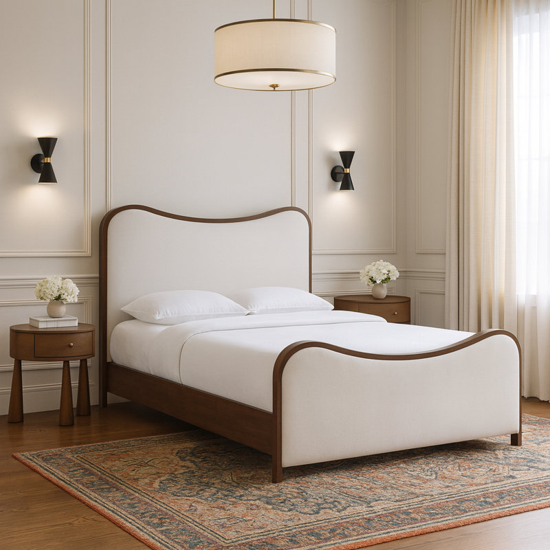Lit tapissier Arvada, Très grand, Crème lin texture tissu / brossé noyer