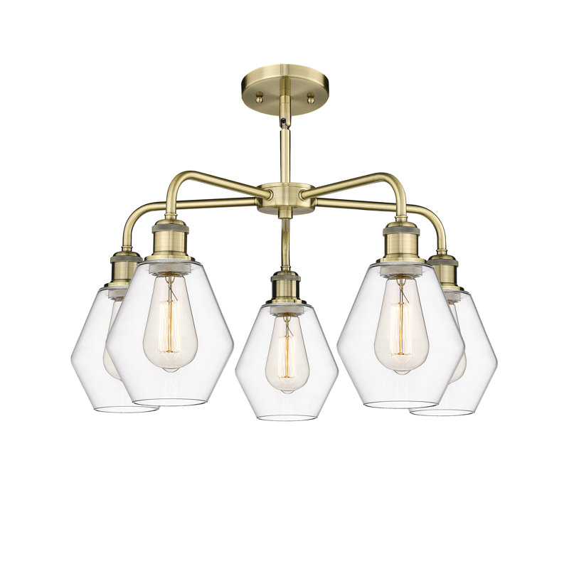 Lustre géométrique à intensité variable en acier à 5 lumières Amylea, H 15,5 po x l 24 po x P 24 po, Clair, Laiton antique