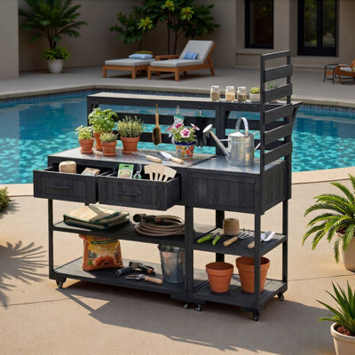 Îlot de cuisine pour patio avec plateau en acier inoxydable, tablette surélevée, tiroirs et tablettes ouvertes