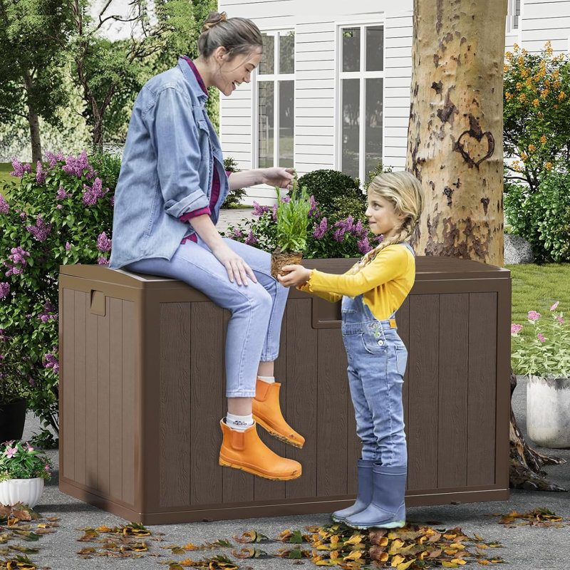 130 Gal Resin Deck Box, Waterproof Lockable Outdoor Storage Box, Versatile Outside Container for Package Parcels, Patio Furniture Cushions, Imitation Wood Grain