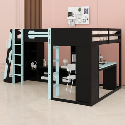 Cadre de lit de jeu en L en forme de L avec lumières DEL RVB, lits doubles, ports USB, meuble télé et tablettes de rangement, aménagement réversible, lit mezzanine en bois peu encombrant pour les adolescents et les adultes